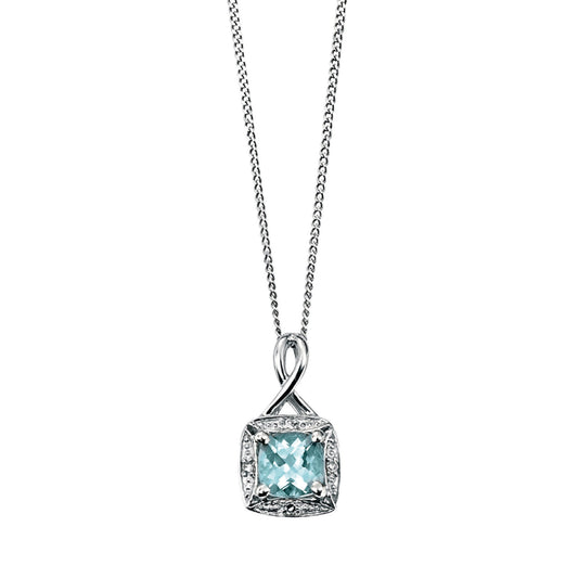 9ct White Gold Diamond and Aquamarine Vintage Square Pendant