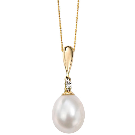 9ct Yellow Gold Diamond and Pearl Drop Pendant