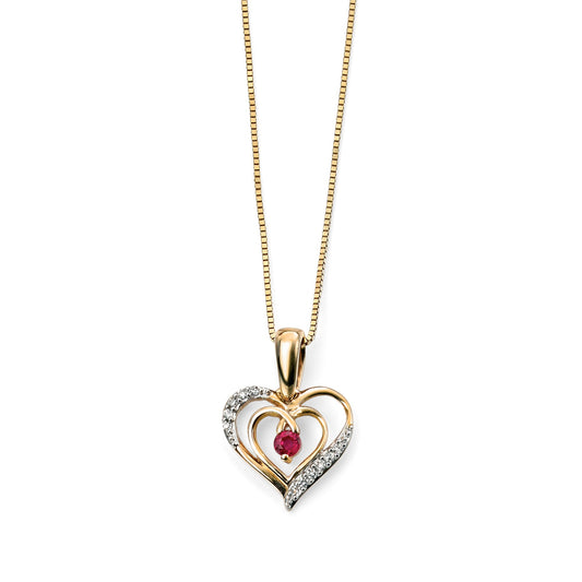 9ct Yellow Gold Ruby and Diamond Heart Pendant