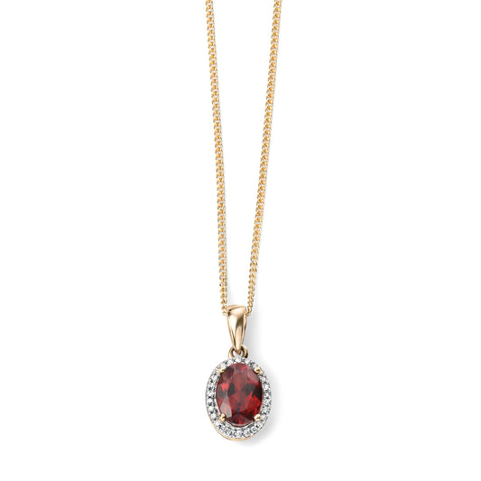 9ct Yellow Gold Oval Garnet and Diamond Cluster Pendant