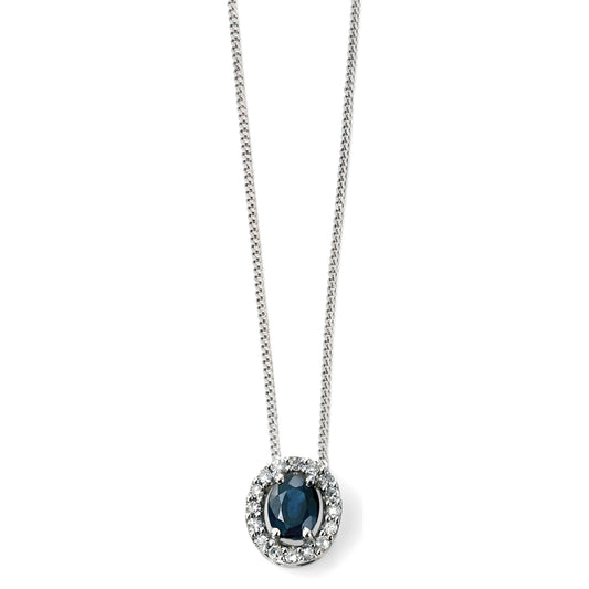 9ct White Gold Oval Blue Sapphire and Diamond Halo Pendant