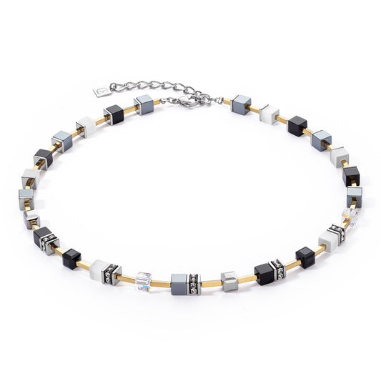 Yellow Gold Plate Grey, Black and Clear Swarvoski Cube Necklace