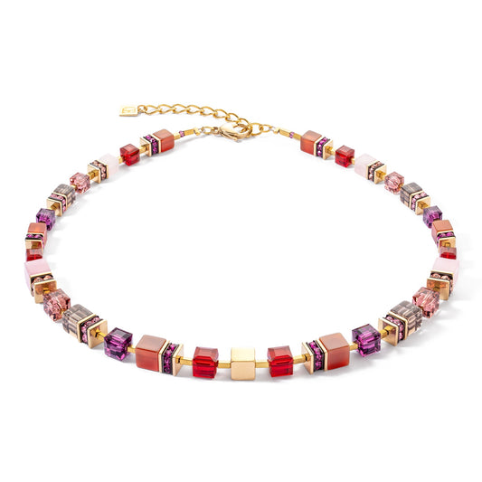 Yellow Gold Plated Red, Pink and Purple Swarvoski Cube Necklace