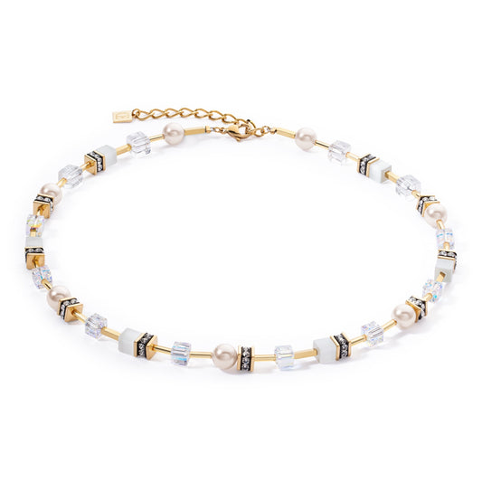 Yellow Gold Plated White Cube and Swarvoski Pearl Necklace