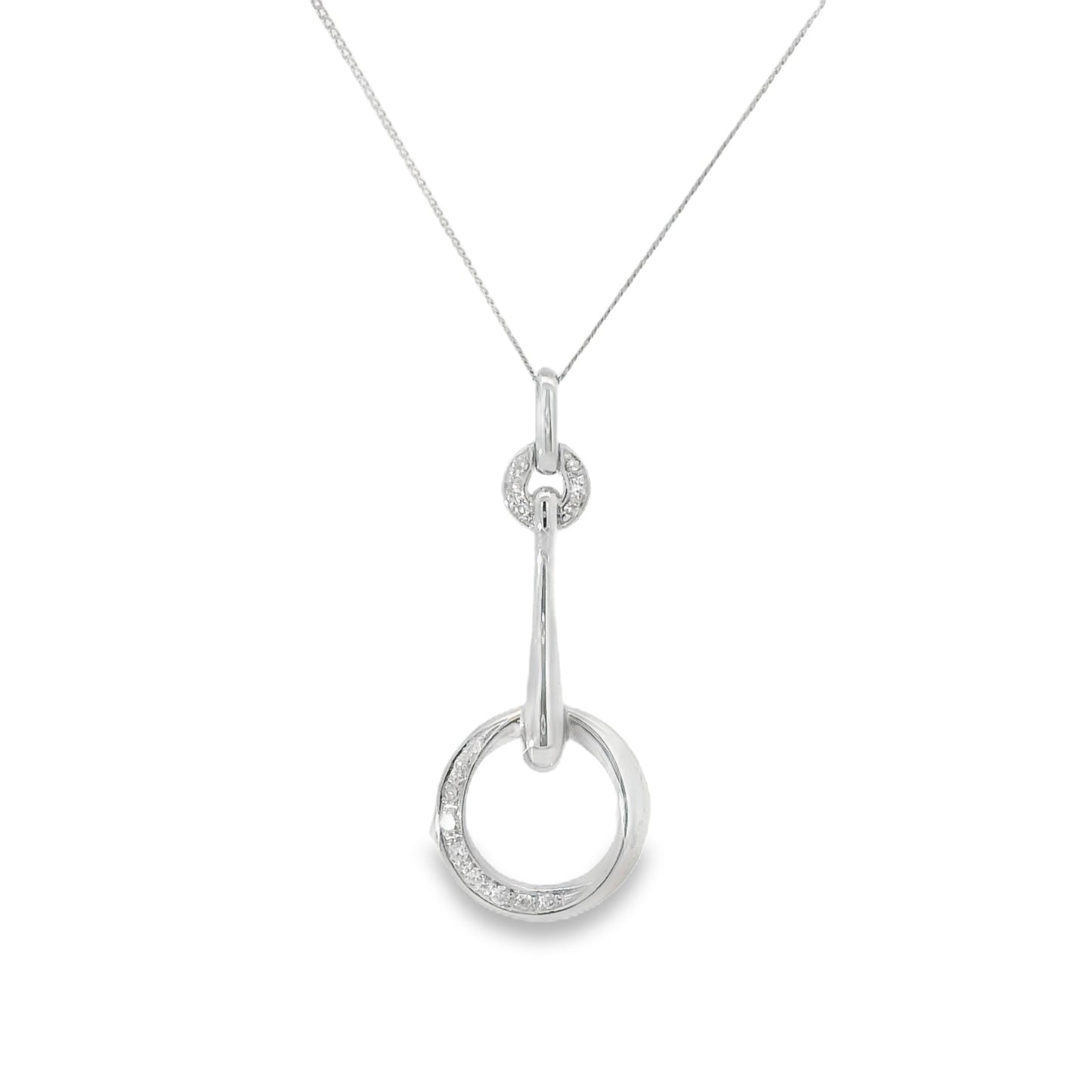 9ct White Gold Diamond Double Circle Drop Pendant with Chain