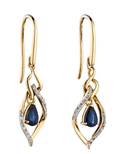 9ct Yellow Gold Blue Sapphire and Diamond Twist Earrings