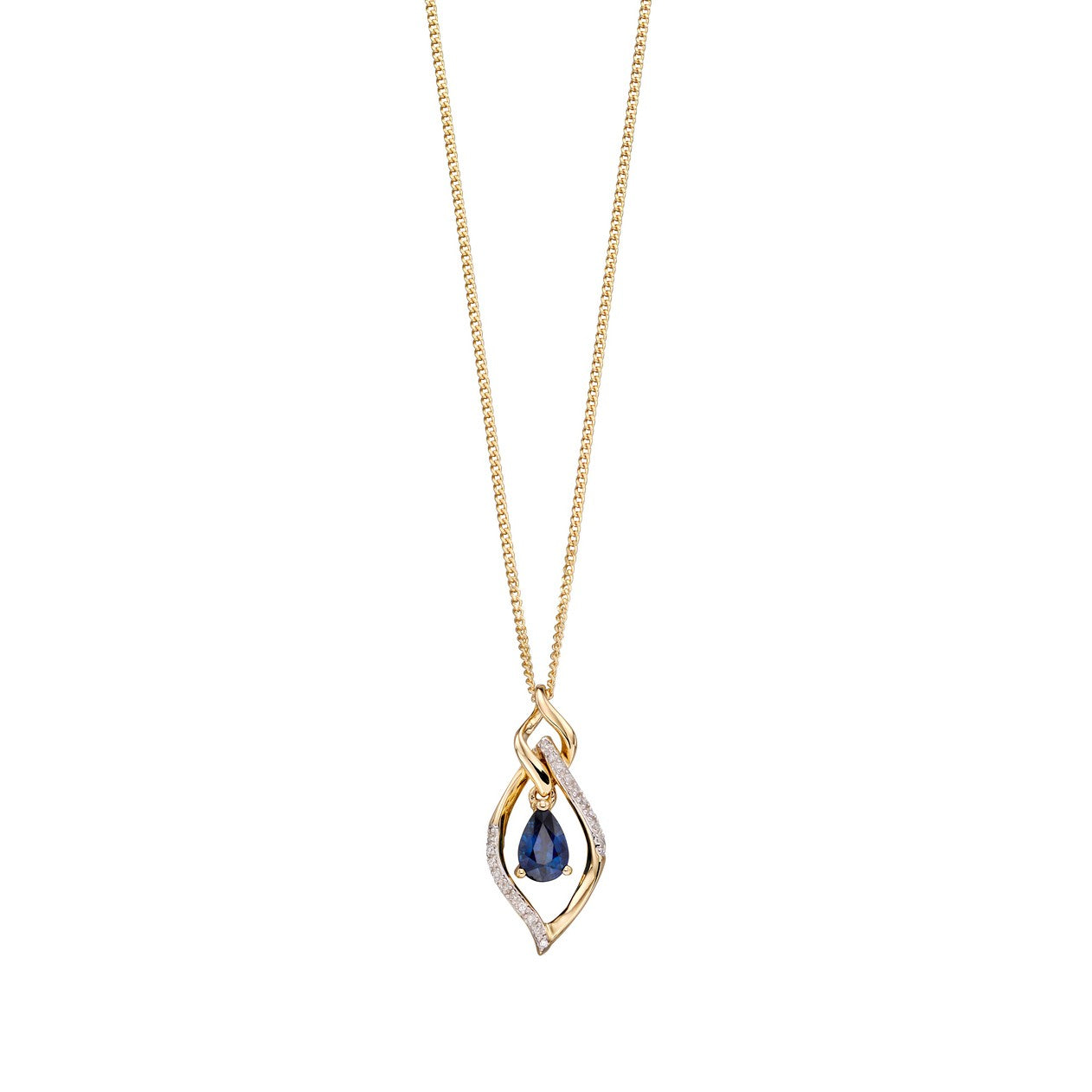 9ct Yellow Gold Diamond and Blue Sapphire Twisted Marquise Pendant