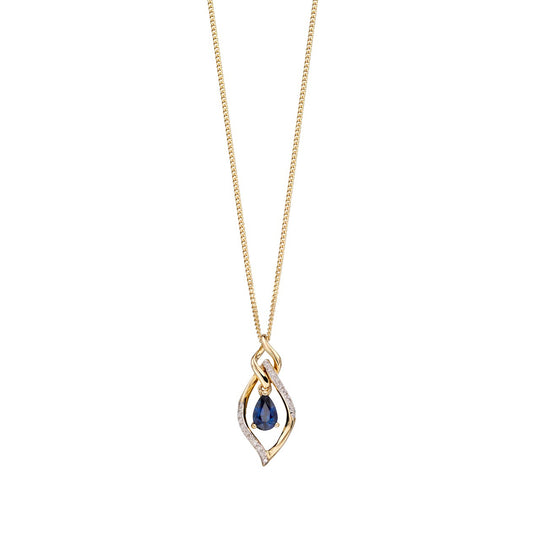 9ct Yellow Gold Diamond and Blue Sapphire Twisted Marquise Pendant