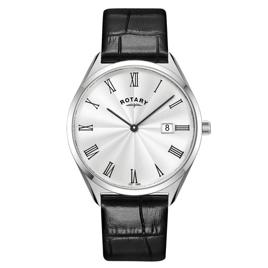 Stainless Steel Ultra Slim Black Leather Strap