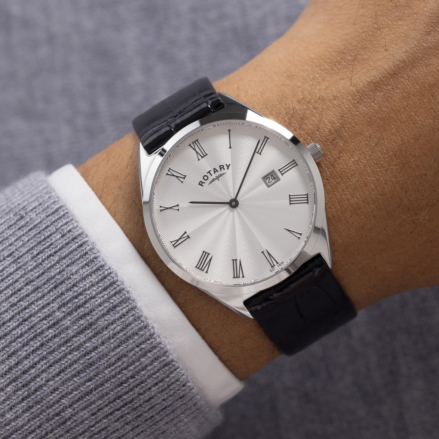 Stainless Steel Ultra Slim Black Leather Strap