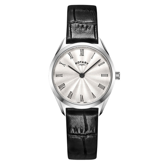 Stainless Steel Ultra Slim Watch With Black Leather Strap