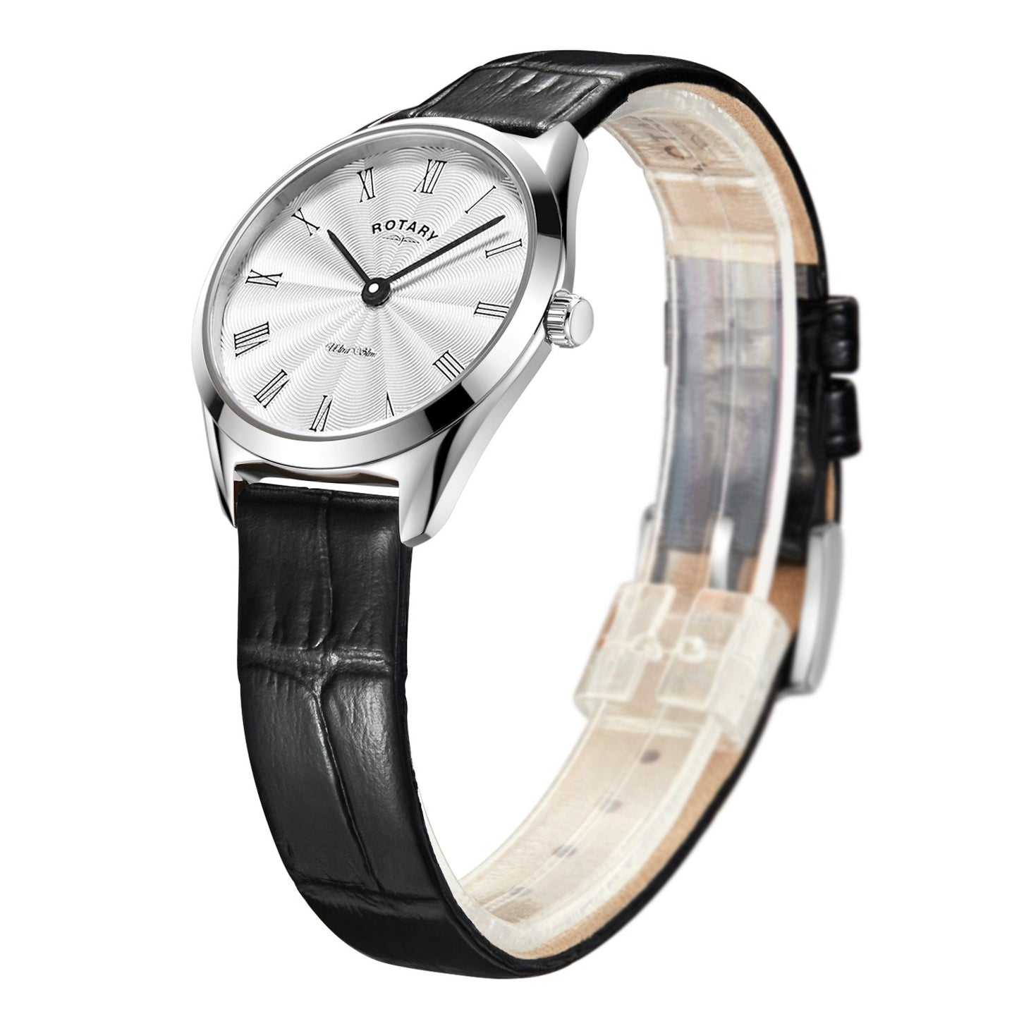 Stainless Steel Ultra Slim Watch With Black Leather Strap