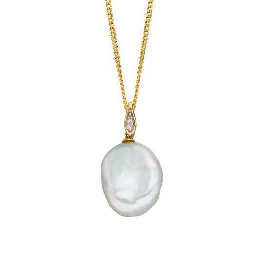 9ct Yellow Gold Keshi Pearl and Diamond Pendant