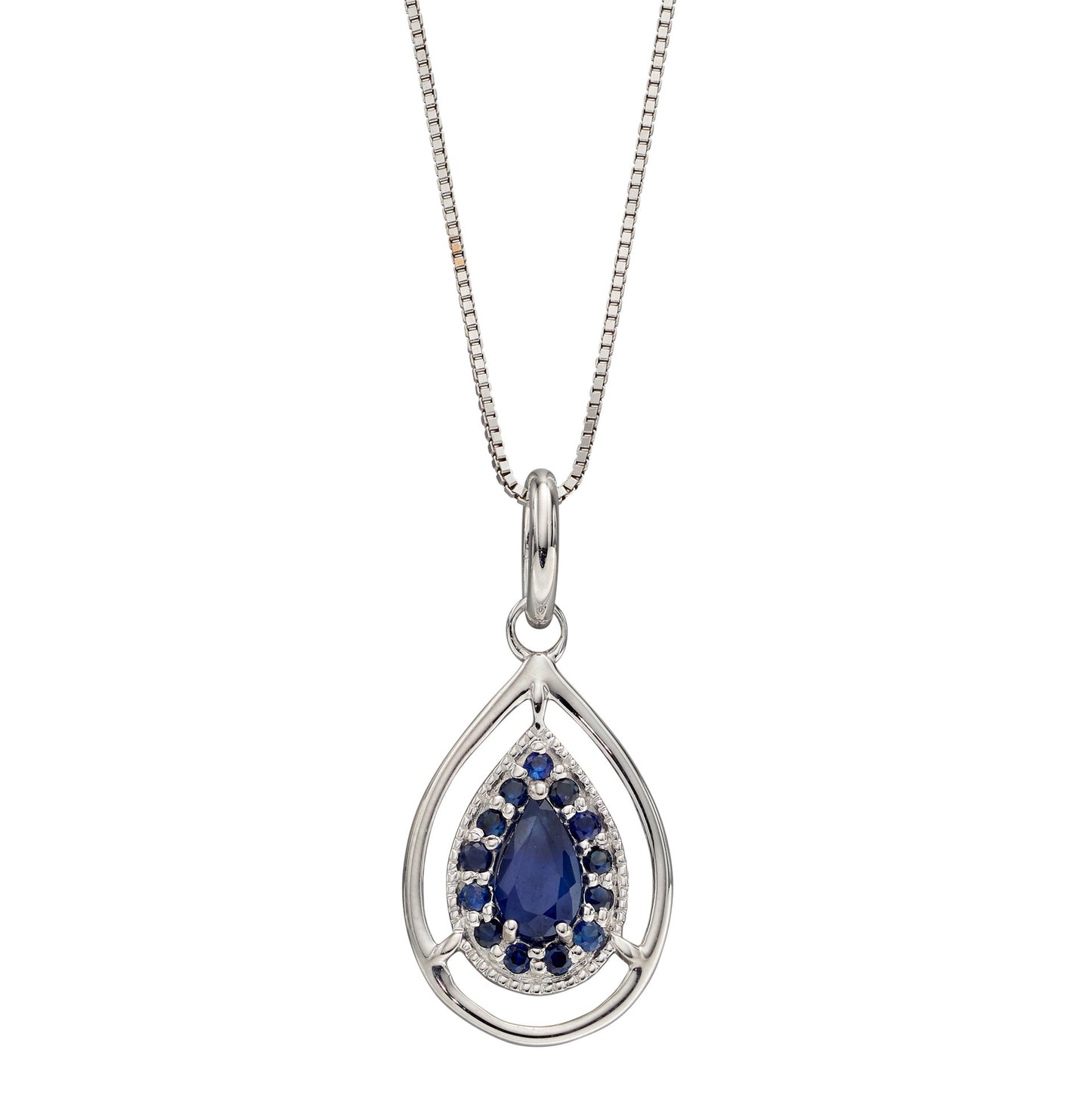 9ct White Gold Blue Sapphire Teardrop Pendant