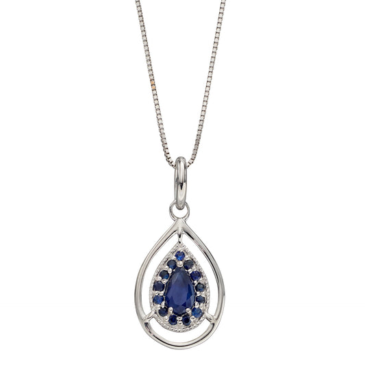 9ct White Gold Blue Sapphire Teardrop Pendant