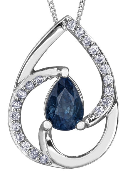 9ct White Gold Swirling Teardrop Deep Blue Sapphire and Diamond Pendant with Chain