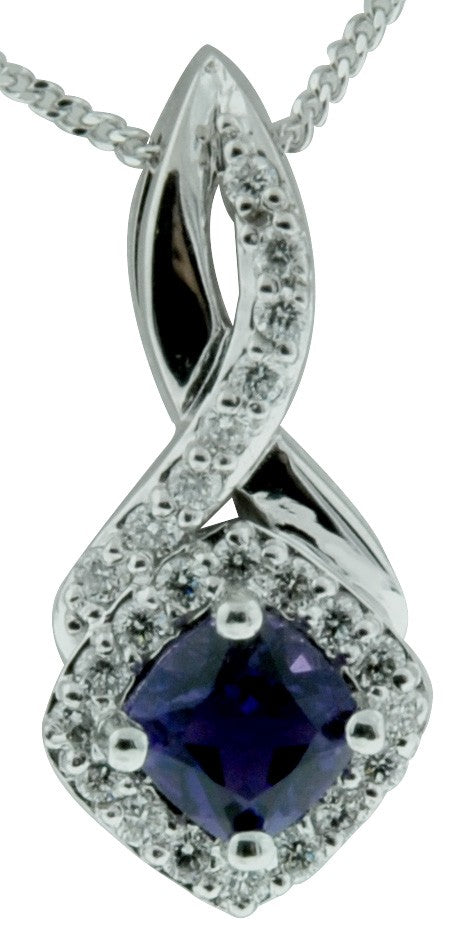 9ct White Gold Amethyst and Diamond Pendant with Chain