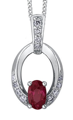 9ct White Gold Ruby nad Diamond Oval Pendant with Chain