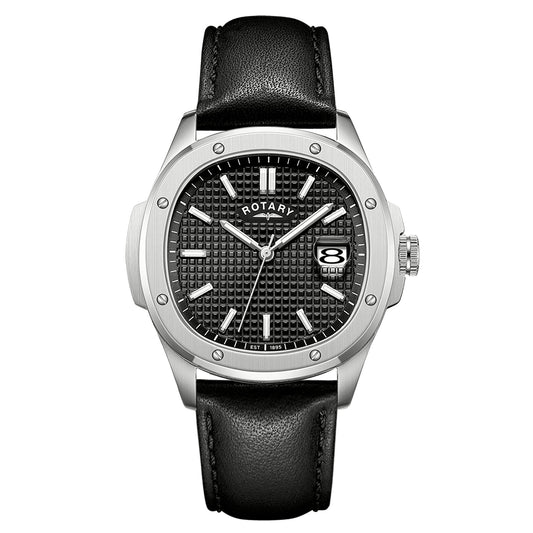 Stainless Steel Black Dial Watch With Black Leather Strap