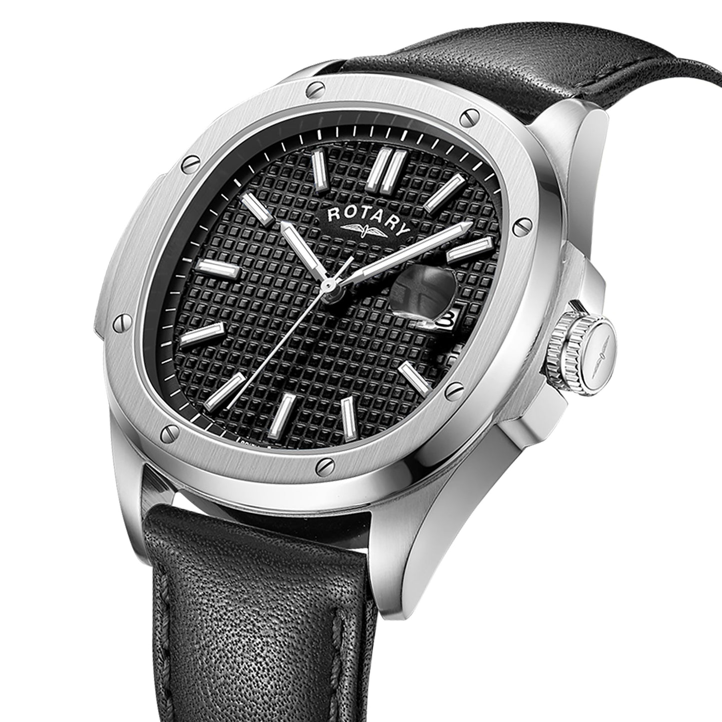 Stainless Steel Black Dial Watch With Black Leather Strap