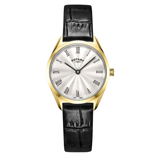 Gold Plated Ultra Slim Watch With Black Leather Strap