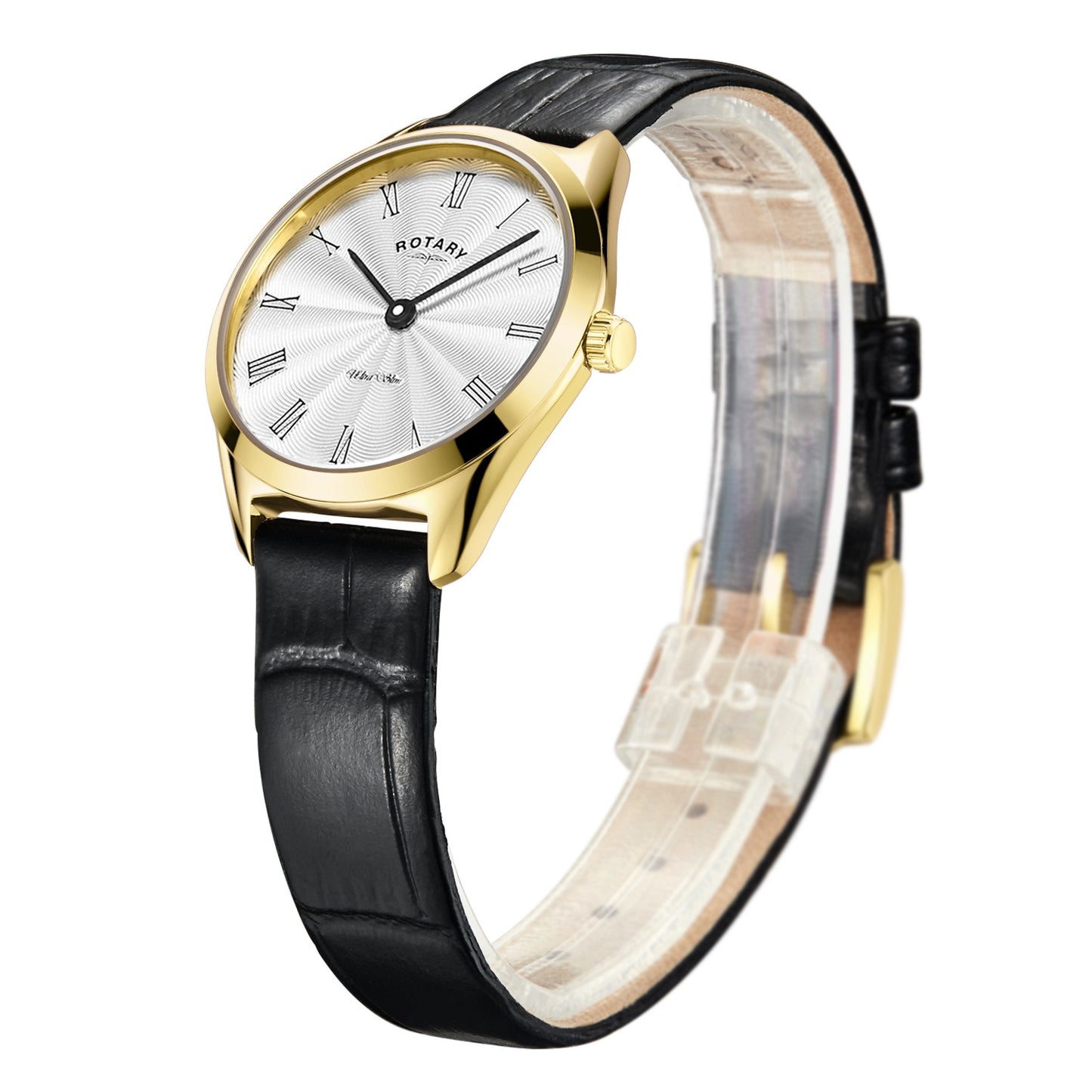 Gold Plated Ultra Slim Watch With Black Leather Strap
