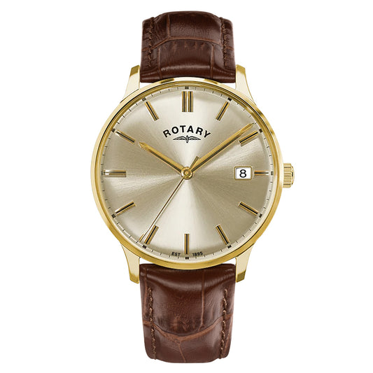 Gold Plated Champagne Dial Watch With Brown Leather Strap