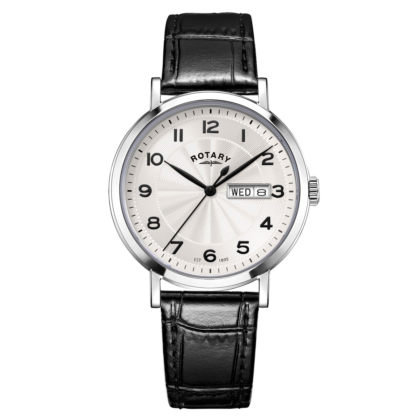 Stainless Steel Day Date Watch With Black Leather Strap