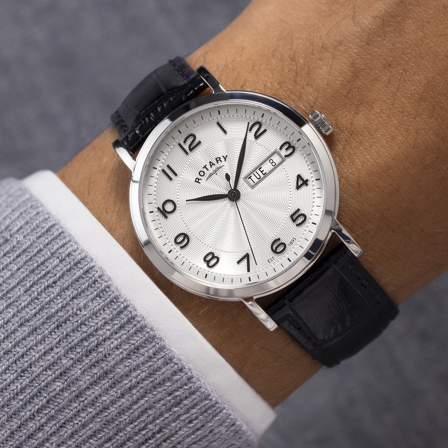 Stainless Steel Day Date Watch With Black Leather Strap
