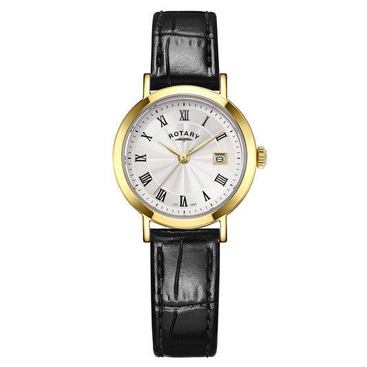Gold Plated Roman Numeral Black Strap Watch