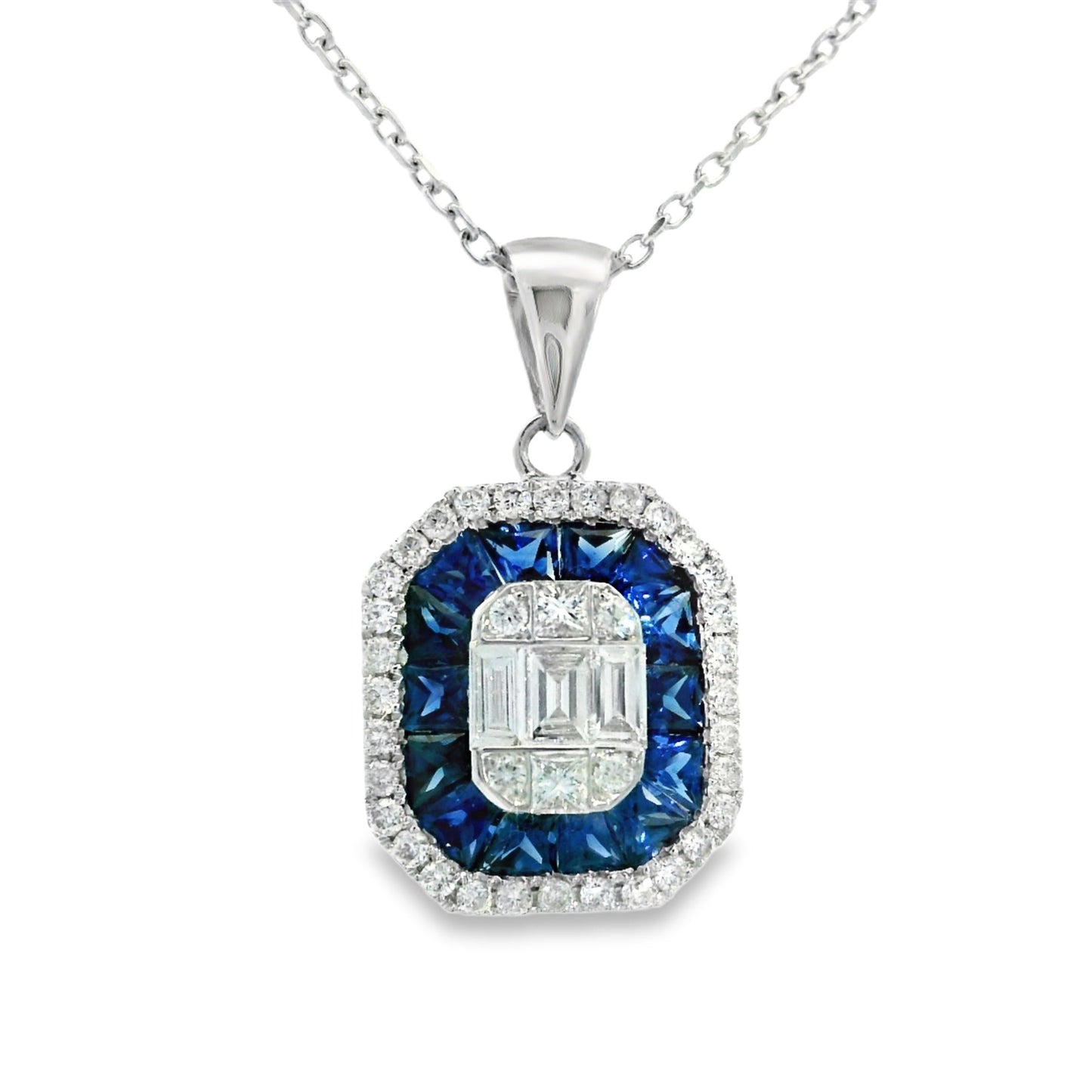 18ct White Gold Octagonal Blue Sapphire and Diamond Illusion Cluster Pendant With Chain