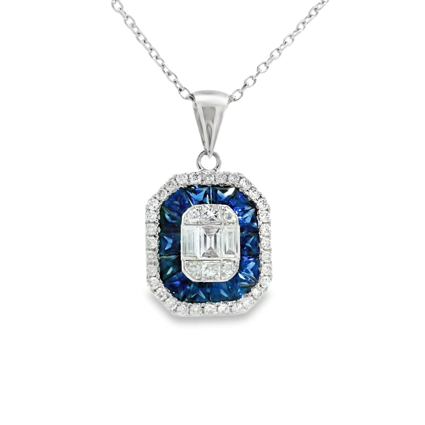 18ct White Gold Octagonal Blue Sapphire and Diamond Illusion Cluster Pendant With Chain