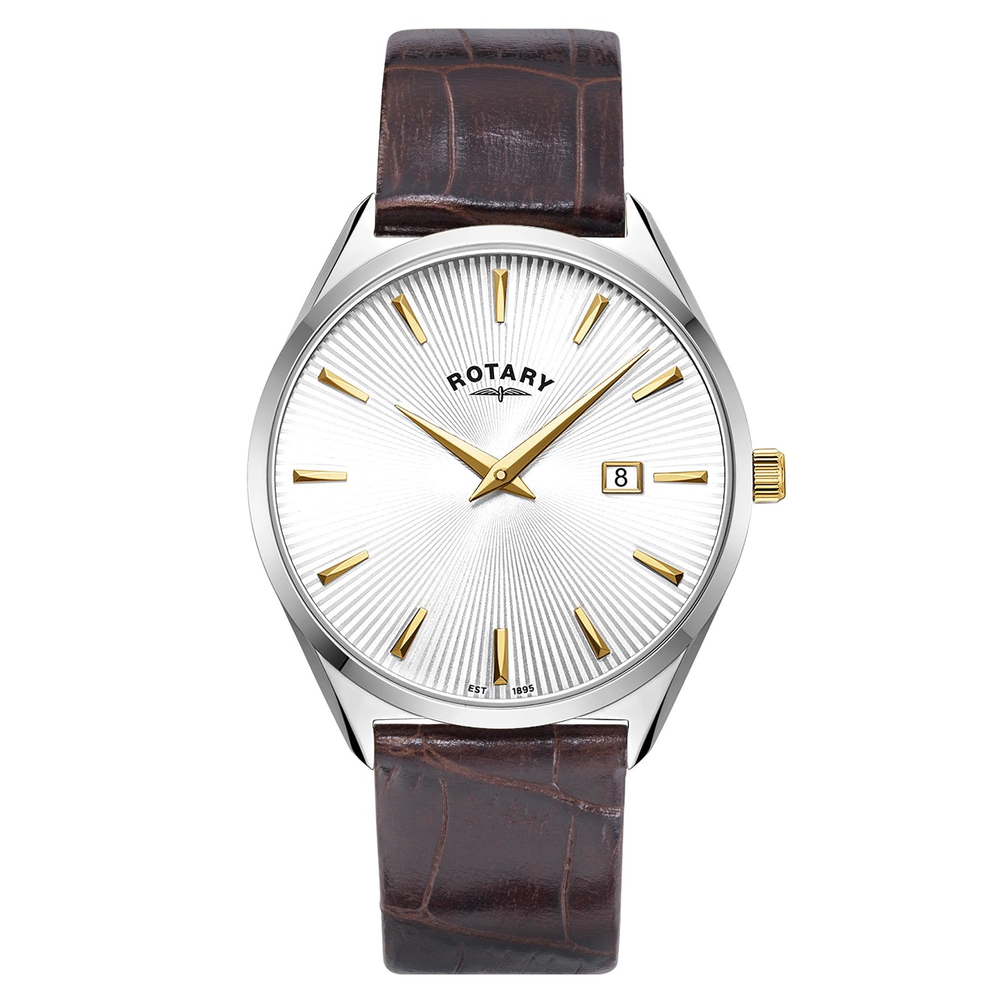 Stainless Steel Ultra Slim Watch With Gold Plated Hands on a Brown Leather Strap