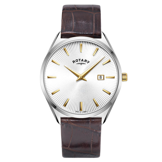 Stainless Steel Ultra Slim Watch With Gold Plated Hands on a Brown Leather Strap