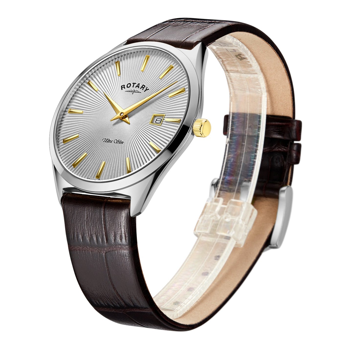 Stainless Steel Ultra Slim Watch With Gold Plated Hands on a Brown Leather Strap