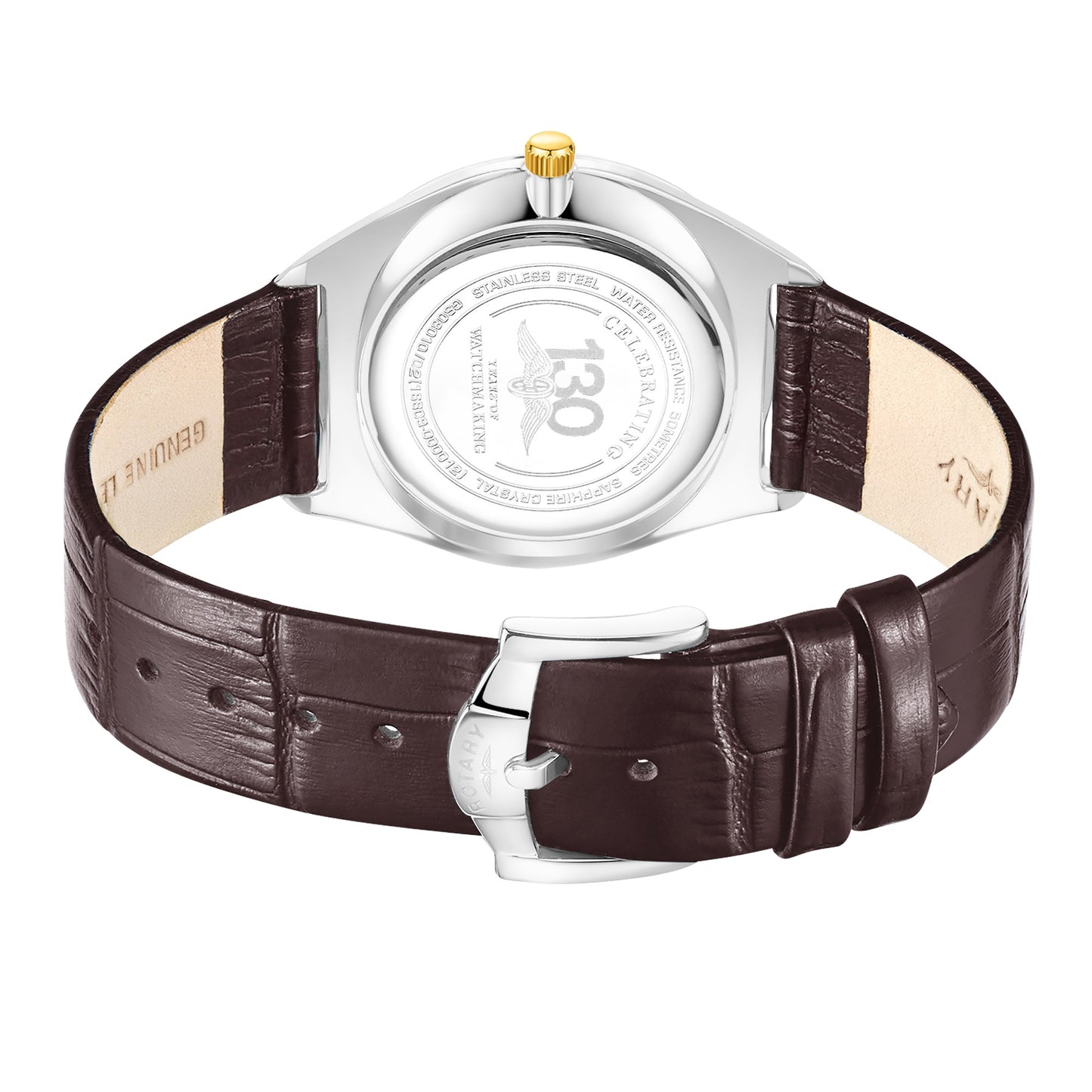 Stainless Steel Ultra Slim Watch With Gold Plated Hands on a Brown Leather Strap