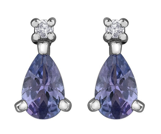 9ct White Gold Pear-Cut Tanzanite and Diamond Drop Earring