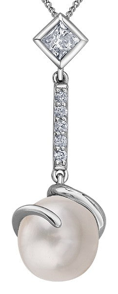 9ct White Gold Pearl and Diamond drop Pendant with Chain