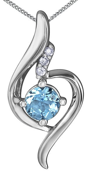 9ct White Gold Blue Topaz and Diamond Swirl Pendant with Chain