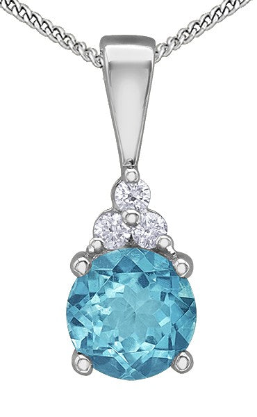 9ct White Gold Blue Topaz and Diamond Pendant with Chain