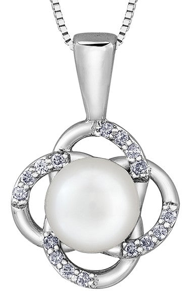 9ct White Gold Pearl and Diamond Floral Pendant with Chain