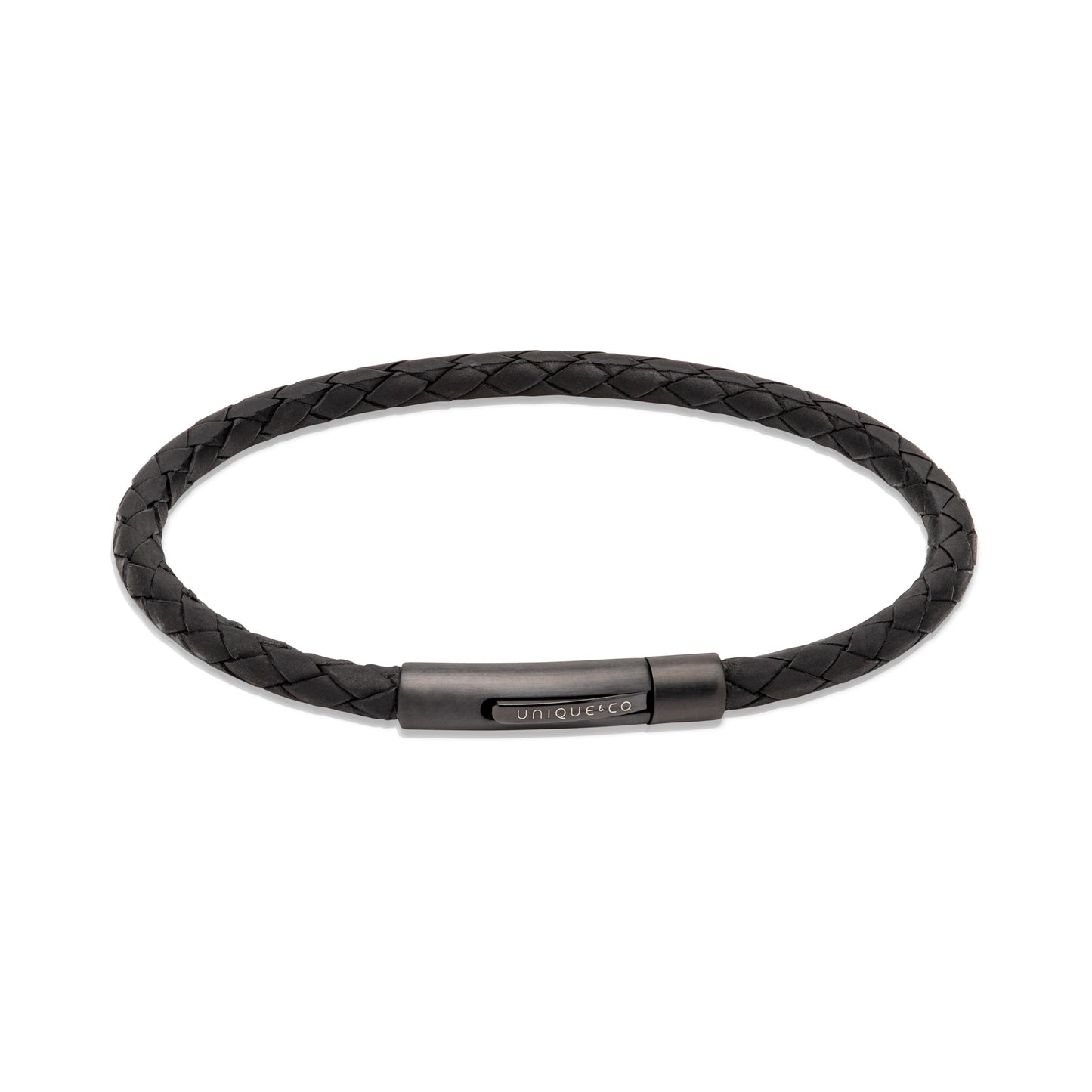 Black Plaited Leather Bracelet With Black Clasp