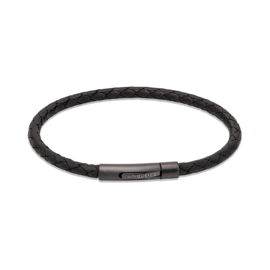Black Plaited Leather Bracelet With Black Clasp