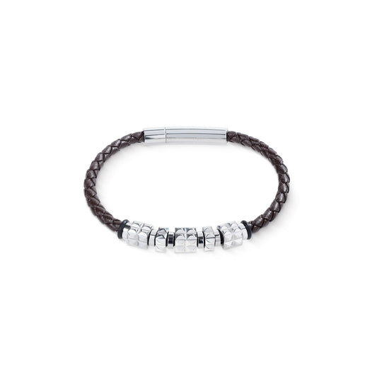 Brown Leather Bracelet with Stainless Steel Spikes Cubes