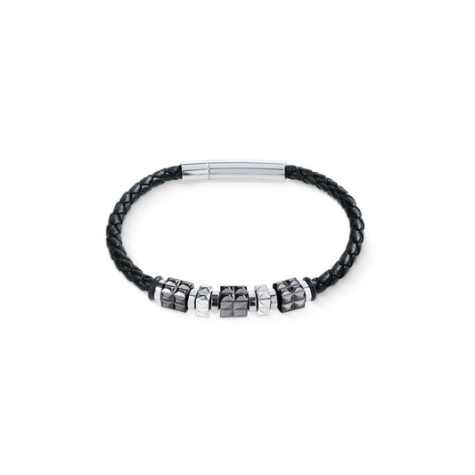 Black Leather Bracelet with Gun Metal Stainless Steel Spikes Cubes