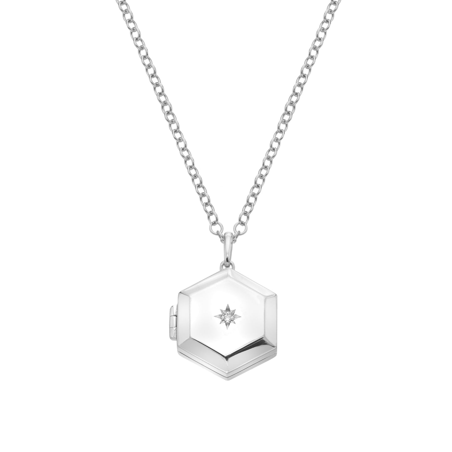 Silver Hexagon Diamond Locket with Chain