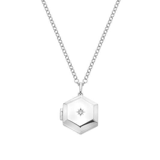 Silver Hexagon Diamond Locket with Chain