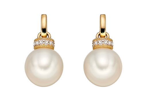 9ct Yellow Gold Fresh Water Pearl and Diamond Drop Earrings