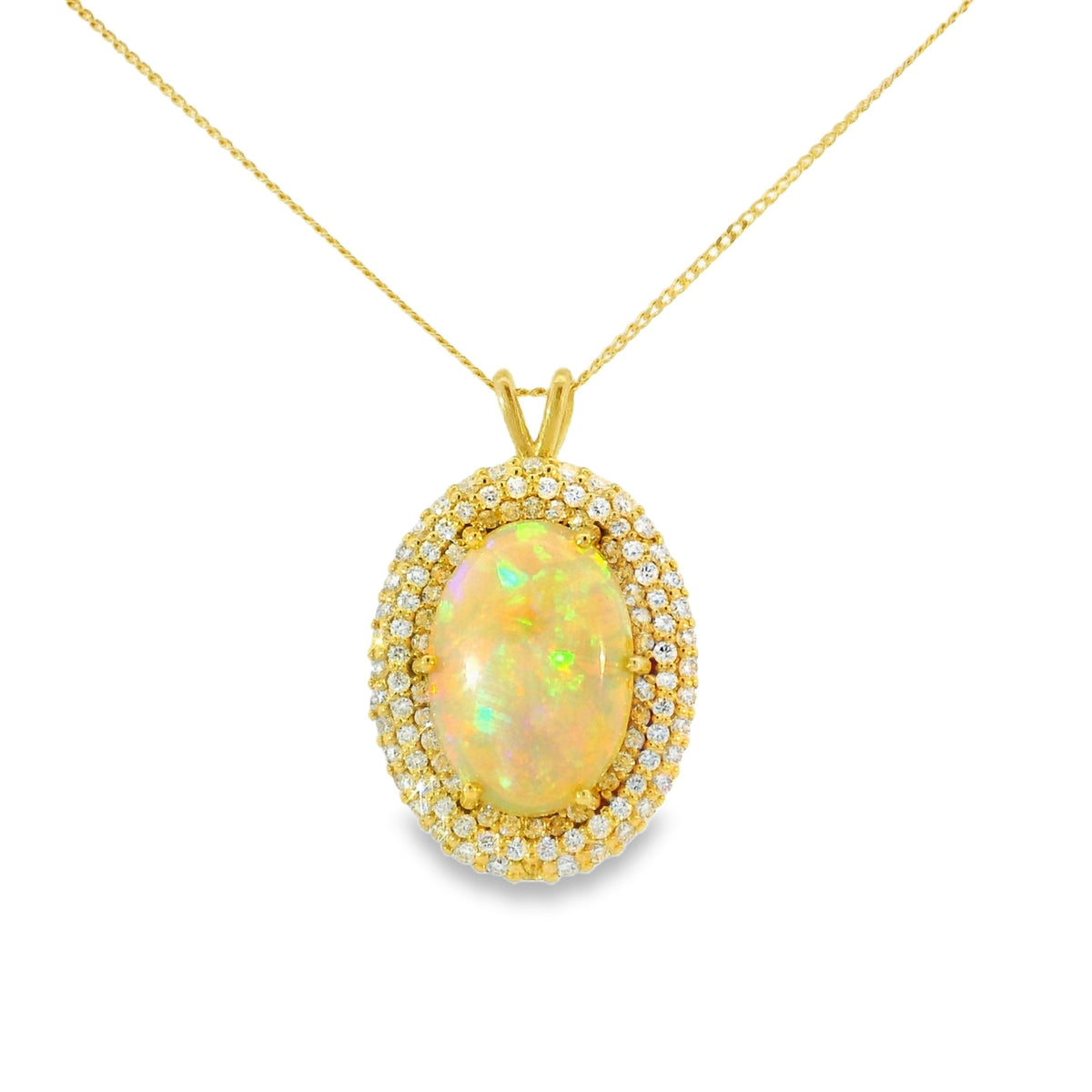 18ct Yellow Gold Oval Opal Double Halo Pendant