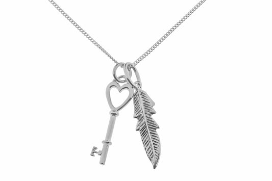 Silver Key and Feather Pendant with Chain